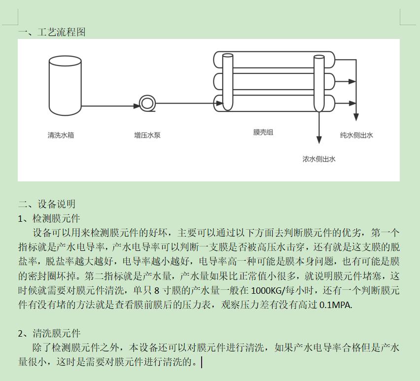 辽宁ro洗膜机工艺流程图及工艺说明